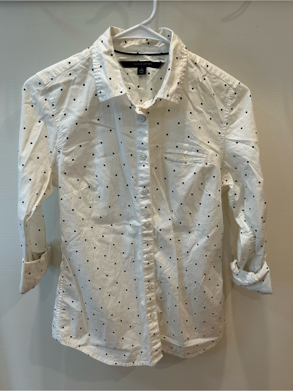 Tommy Hilfiger White Polka Dot Button Down Roll Tab Sleeve Blouse XS